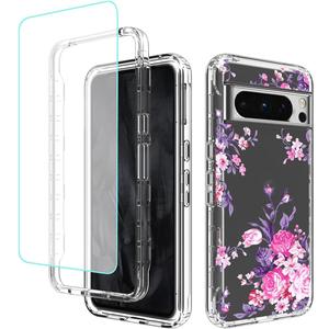 Sidande for Pixel 8 Pro Case, Google 8Pro Case with Tempered Glass Screen Protector, Full Body Clear Floral TPU Slim Phone Protective Armor Cover for Google Pixel 8 Pro Rose Flower