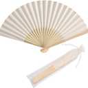 50pcs Paper Hand Fan with Organza Bags Bamboo Handheld Folding Fans DIY Decorative Wedding Party Favors (Cream)