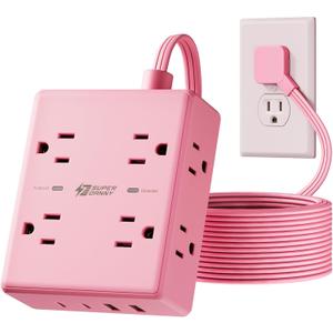 Pink Extension Cord 10Ft, Flat Plug Surge Protector Power Strip, 8 Outlets & 4 USB Ports (2 USB C), Cute Stuff Pink Room Decor, Home Office Kawaii Desk Accessories for Girls