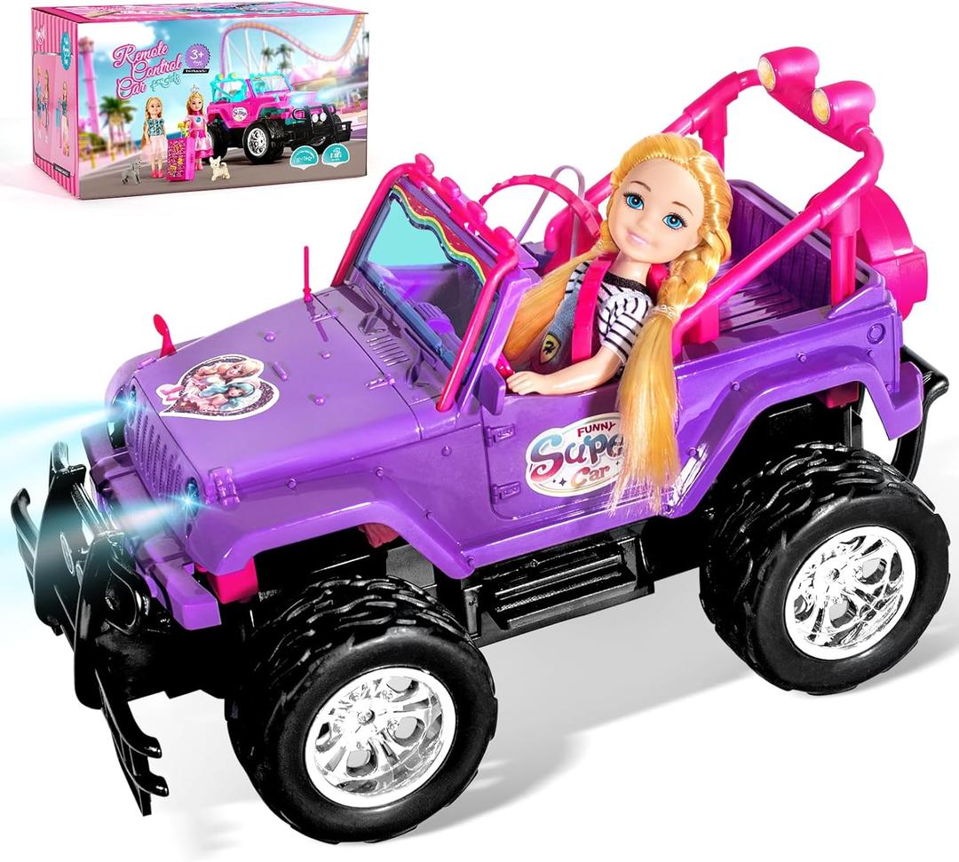 ULOVEME Purple Je ep Remote Control Car for Girls with 5.5" Doll & LED Lights, 2.4GHz Off-Road Trucks, 1:16 Scale Remote-Control Toy Car Holds 2 Dolls (Purple Car)