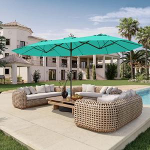Patio Kingdom 15FT Double Sided Patio Umbrella with Base Included Large Outdoor Market Umbrella with Crank Handle, UV Resistant Canopy, Sturdy Frame for Garden, Poolside, Deck, Turquoise Blue