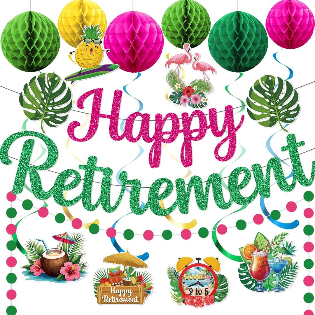 Hawaiian Beach Retirement Party Decorations Aloha Retirement Decorations with Glitter Happy Retire Banner Tropical Hawaiian Hanging Swirls for Beach Theme Party Decor