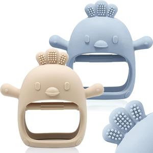 2 Packs Baby Teething Toy for 0-6 6-12 Months, Food Grade Silicone Teething Mitten, Anti Dropping Wrist Hand Teethers Baby Chew Toys for Sucking Needs, BPA Free (Blue & Caramel)