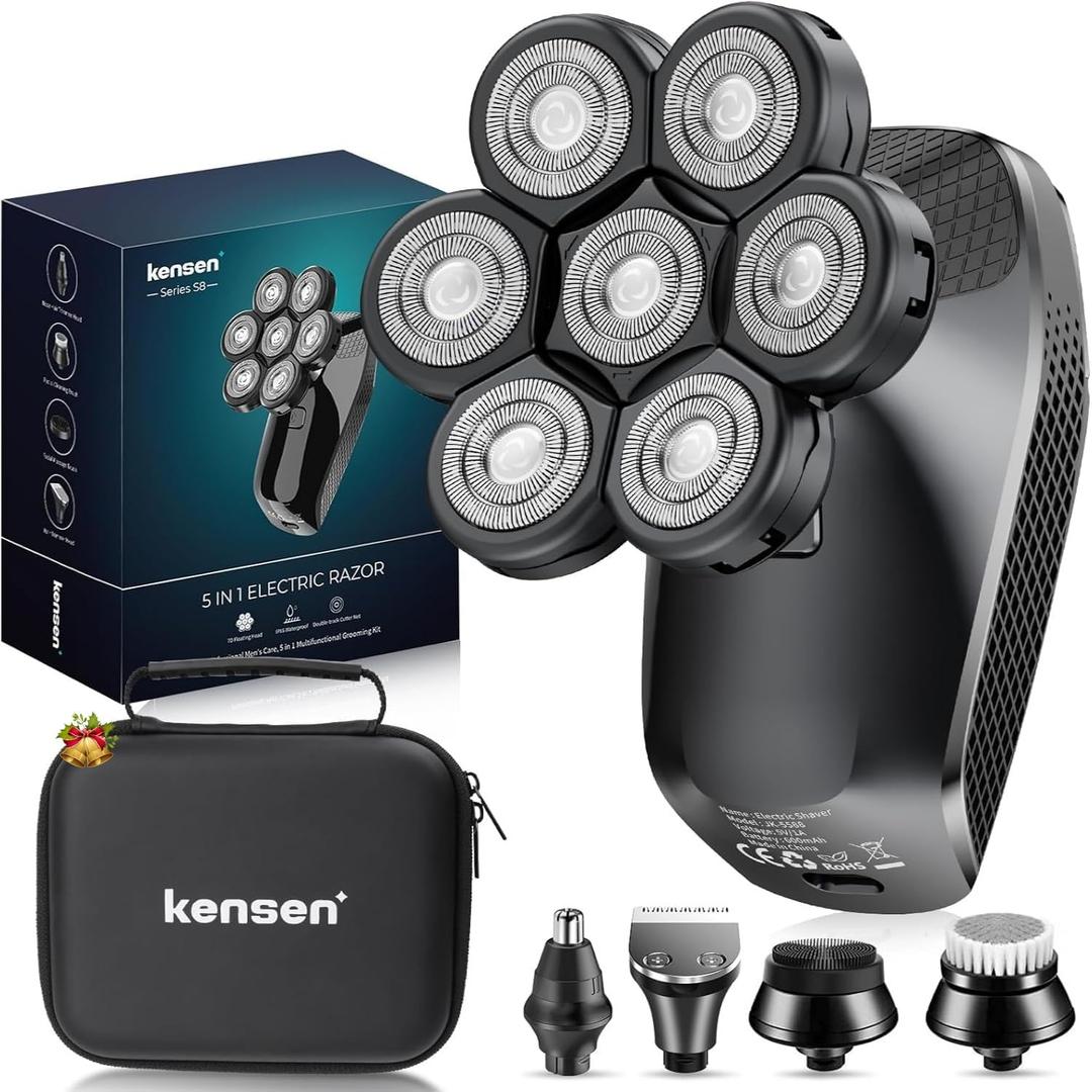 7D Head Shavers for Bald Men - 5 in 1 kensen Electric Head Hair Shaver, Christmas Gift Head Electric Razor with Nose Hair & Beard Trimmer Cordless IPX6 Waterproof Wet Dry LED Display Travel Case (Black)