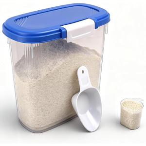 Large Rice Storage Container 20 Lbs - Tall Flour Container with Scoop + Cup - Slim Dry Food Storage Bin for Cereal, Sugar, Beans, Pet Dog Cat Food Container - Kitchen and Pantry Storage Organization