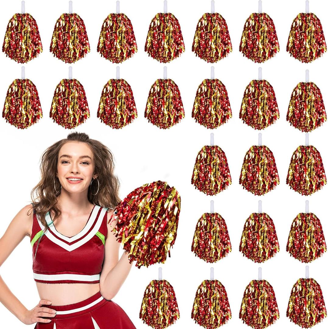 24 Pcs Pom Poms Cheerleading Cheerleader Spirited Cheer Baton Handle Metallic Foil for Sports Team Party Dance Cheering (Red and Gold)