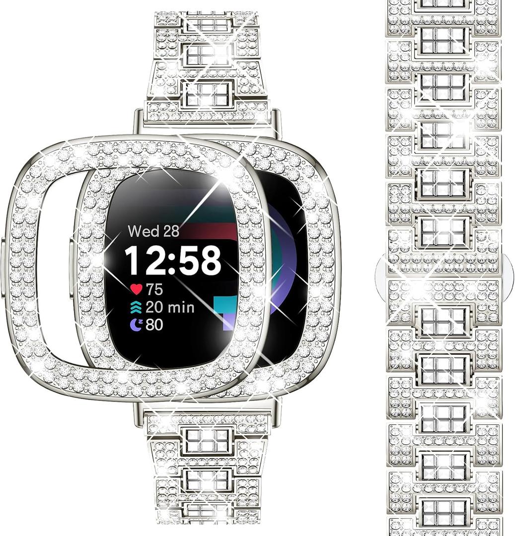 Dsytom Bling Stylish Watch Band Compatible With Fitbit Versa 4, Sense 2, Versa 3, Sense - Cute Strap With Rhinestone Protective Case Cover for Women