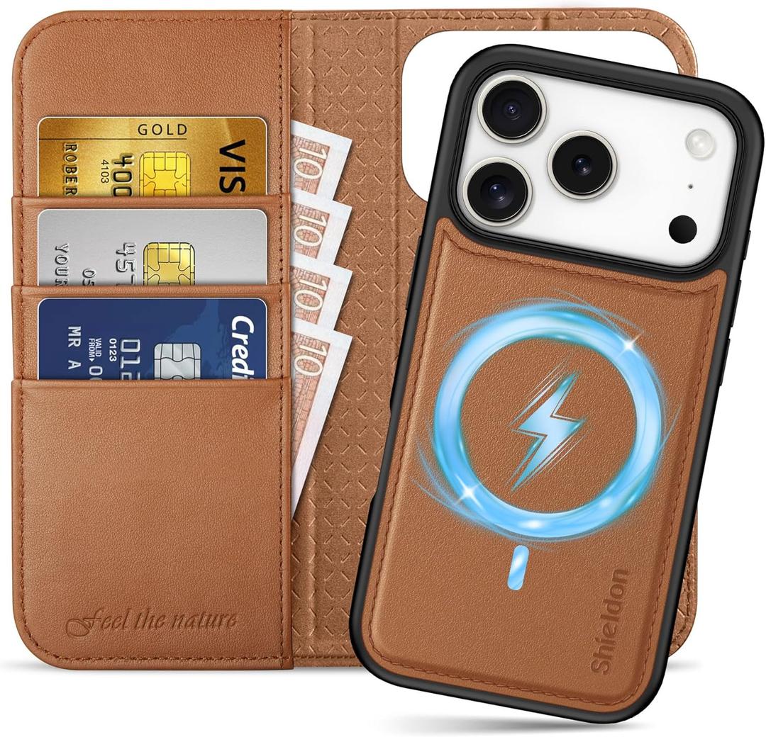 SHIELDON Real Leather Detachable Case Wallet for iPhone 17 Pro 6.3" 2025 | Wireless Charging | RFID Blocking Credit Card Slot | Kickstand | Flip Magnetic | Shockproof Cover | Saddle Brown