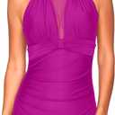 Tempt Me Women One Piece Swimsuit High Neck Plunge Ruched Tummy Control Bathing Suit (X-Large, Pink-a-1)