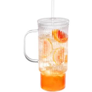 32oz Ribbed Glass Cup with Handle glass Lid and Plastic Straw, Glass Tumbler, Iced Coffee Cups Hot/Cold Drinks