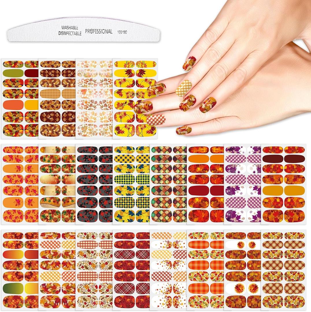 YECIRALA 20 Sheets Maple Leaf Fall Nail Wraps Stickers Self-Adhesive Fall Nail Art Stickers Decals Thanksgiving Nail Strips Polish Stickers for Women Girls Nail Design Stickers DIY Decoration