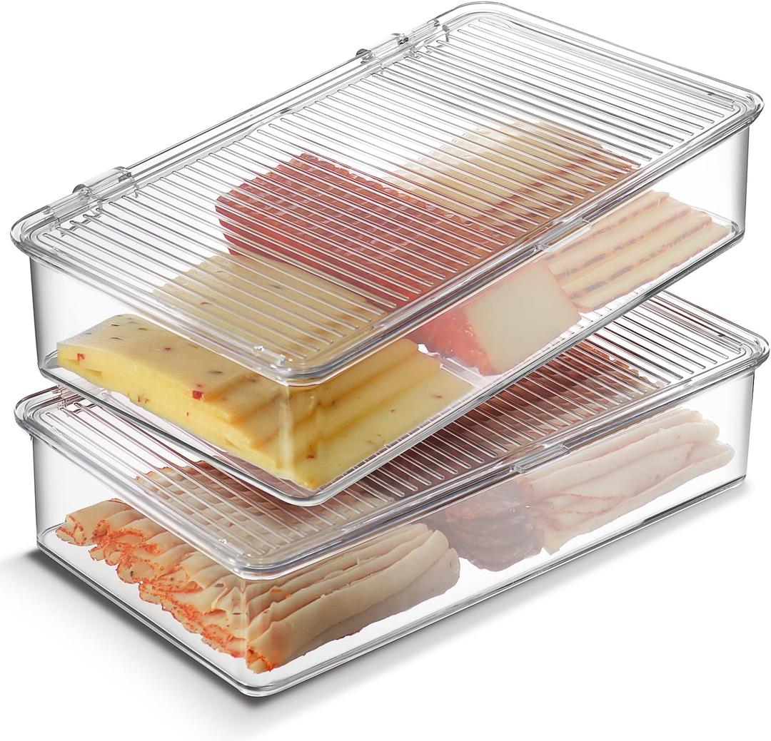 Tafura Bacon Container For Refrigerator (2 Pack) Fridge Storage Organizer | Cheese & Deli Storage Container | Bacon Keeper | Cold Cuts Meat Saver | Cheese Holder, BPA Free