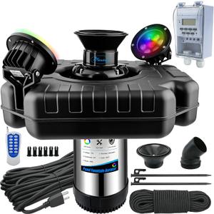 Pond Fountain Aerator with Lights, Dynamic RGB Light 1HP 750W Floating Fountain for Pond Lake, 110V 15000 GPH Fully Automatic Stainless Steel Fountain Pump 100Ft Cord with 2 LED Lights and Nail, Rope