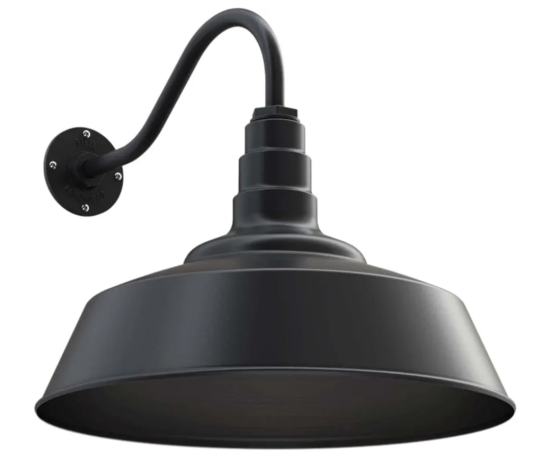 Steel Lighting Co. Large Outdoor Barn Light | Gooseneck Light Fixture | Made in America from 18-Gauge Steel | 20" Dome | 16" Gooseneck Matte Black Exterior/Matte Black Interior