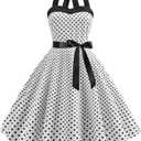 Women Vintage Polka Dot 1950s Rockabilly Halter Audrey Dress Retro Floral Evening Cocktail Swing Dress, Medium