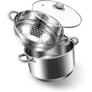 AuFranc 4 Quart 18/10 Stainless Steel Tri-ply Stockpot and Steamer with Tempered Glass Lid, Multipurpose Steamer Pot Compatible with All Cooktops, Non-Toxic Soup Pot, Oven & Dishwasher Safe (Silver)