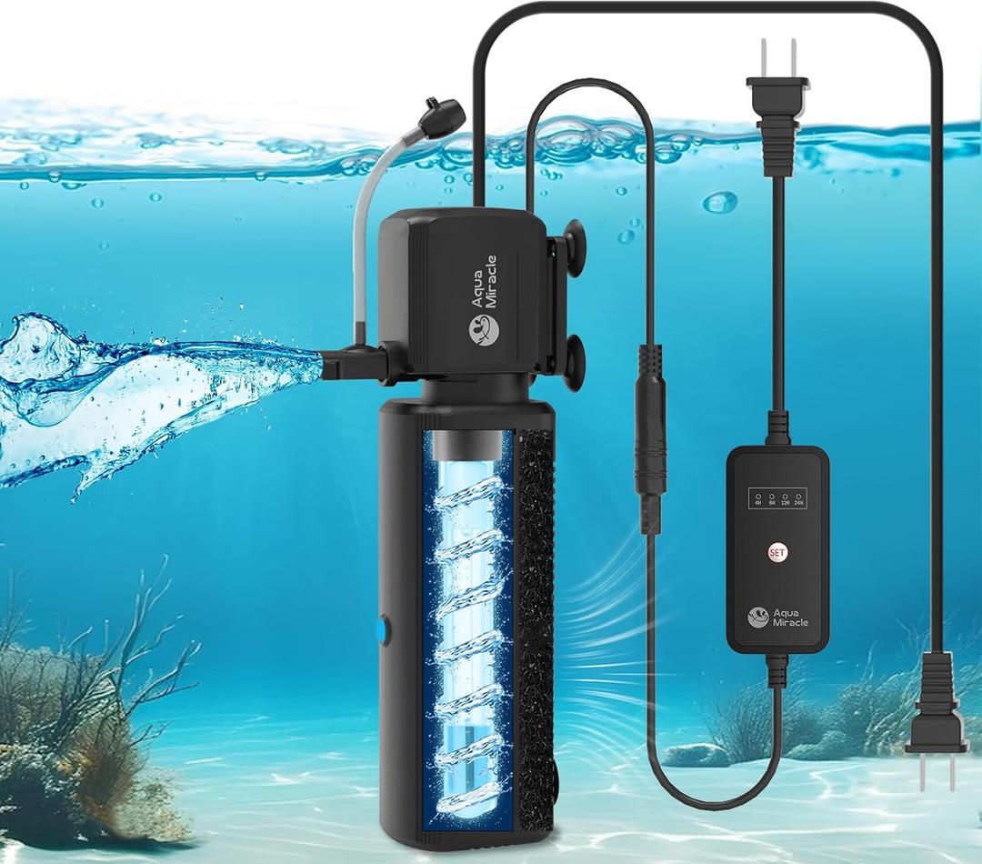 AquaMiracle Aquarium Filter with U - V Light & Filter Sponge, Fish Tank Filter with Timer for Green Water, Turtle Filter with Aeration & Rainfall Mode for Aquarium 10-30 Gallon
