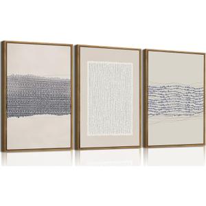 KISSFOX 3 Piece Framed Wall Art Abstract Wall Decor Blue White Texture Pictures Modern Minimalist Canvas Art Large Boho Paintings Artwork For Living Room Bedroom Office, 24x36 In