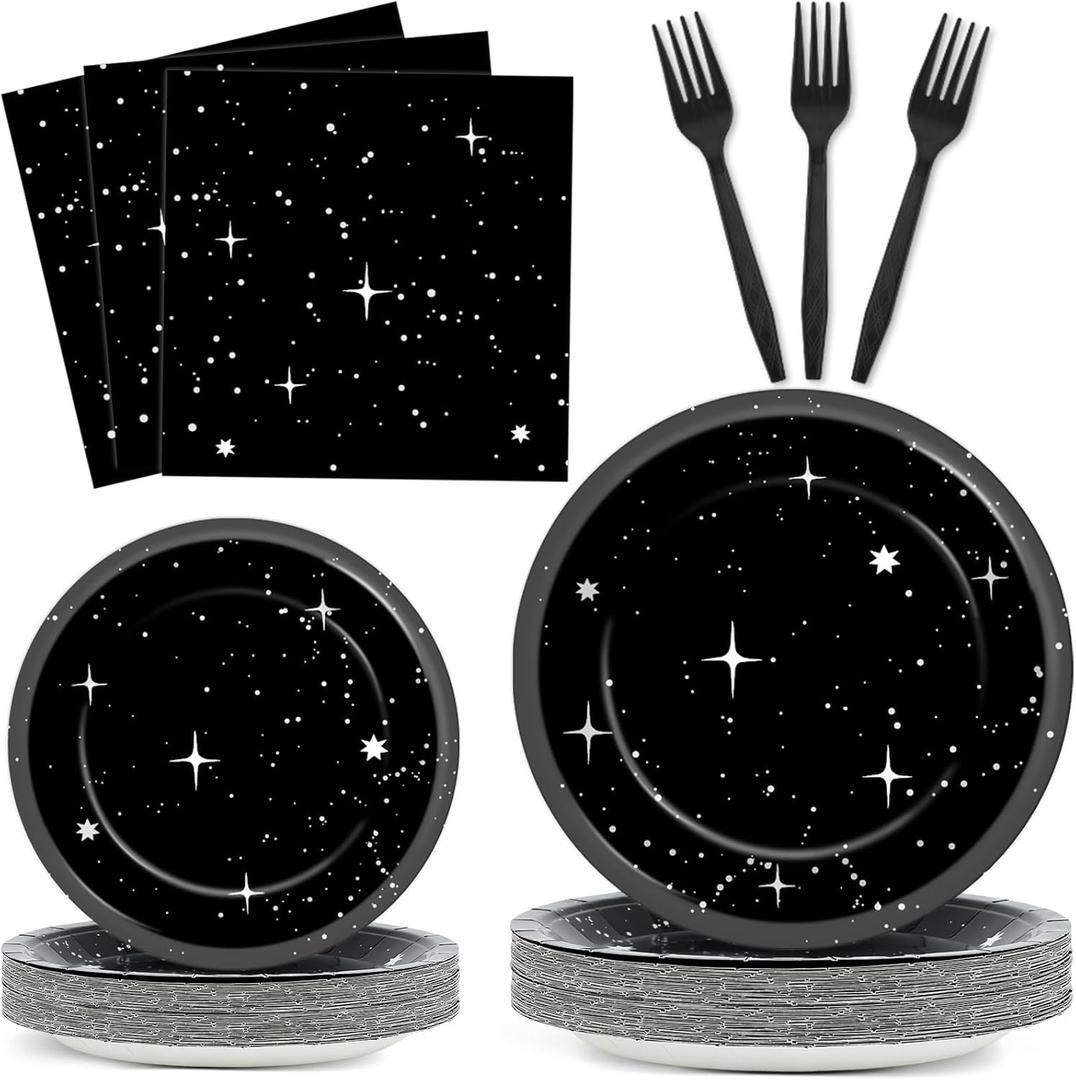 Qyeahkj 100Pcs Stars Birthday Party Decorations Galaxy Plates and Napkins Space Theme Paper Plate Supplies for Outer Spaces Disposable Tableware Set Baby Shower Night Sky Decor for 25 Guests
