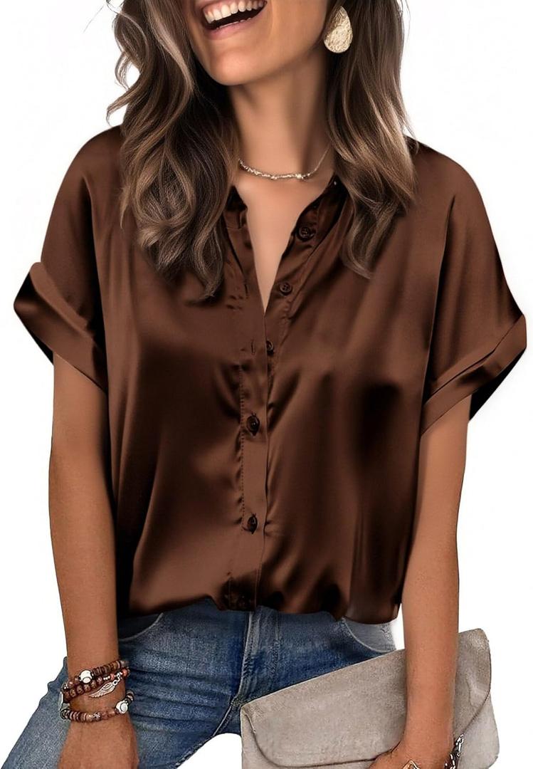 Zeagoo Womens Satin Blouse Short Sleeve Silk Tops Button Down Shirts Business Casual Outfits (Large, Chocolate Brown)