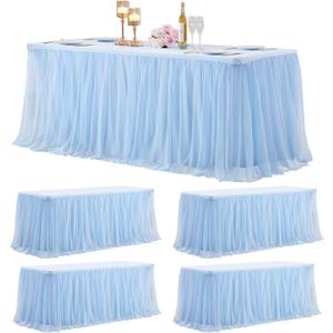 Tulle Tablecloth Table Skirt for 6/8 Foot Rectangle Tables Table Covers with Ruffle Tutu Table Skirt for Wedding Reception Party Birthday, Baby Blue, 4 Pack, 6ft Table Cloth