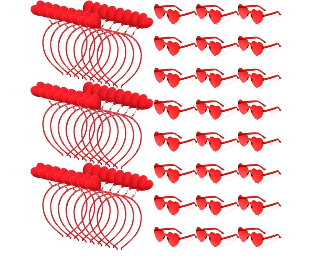 Yunsailing 48 Pcs Valentines Day Heart Headband Boppers and Heart Shape Sunglasses Valentines Accessories Costume Photo Prop(Red)