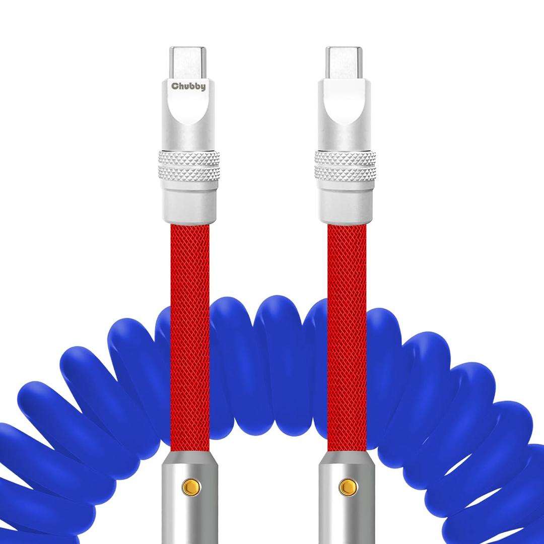chubbycable Curly Colorblock Chubby 240W Coiled USB C Cable Braided Silicone Retractable Fast Charging Cable Compatible with iPhone 17-15 Series, Dark Blue+Red, Type-C to Type-C, 2.29FT-3.6FT