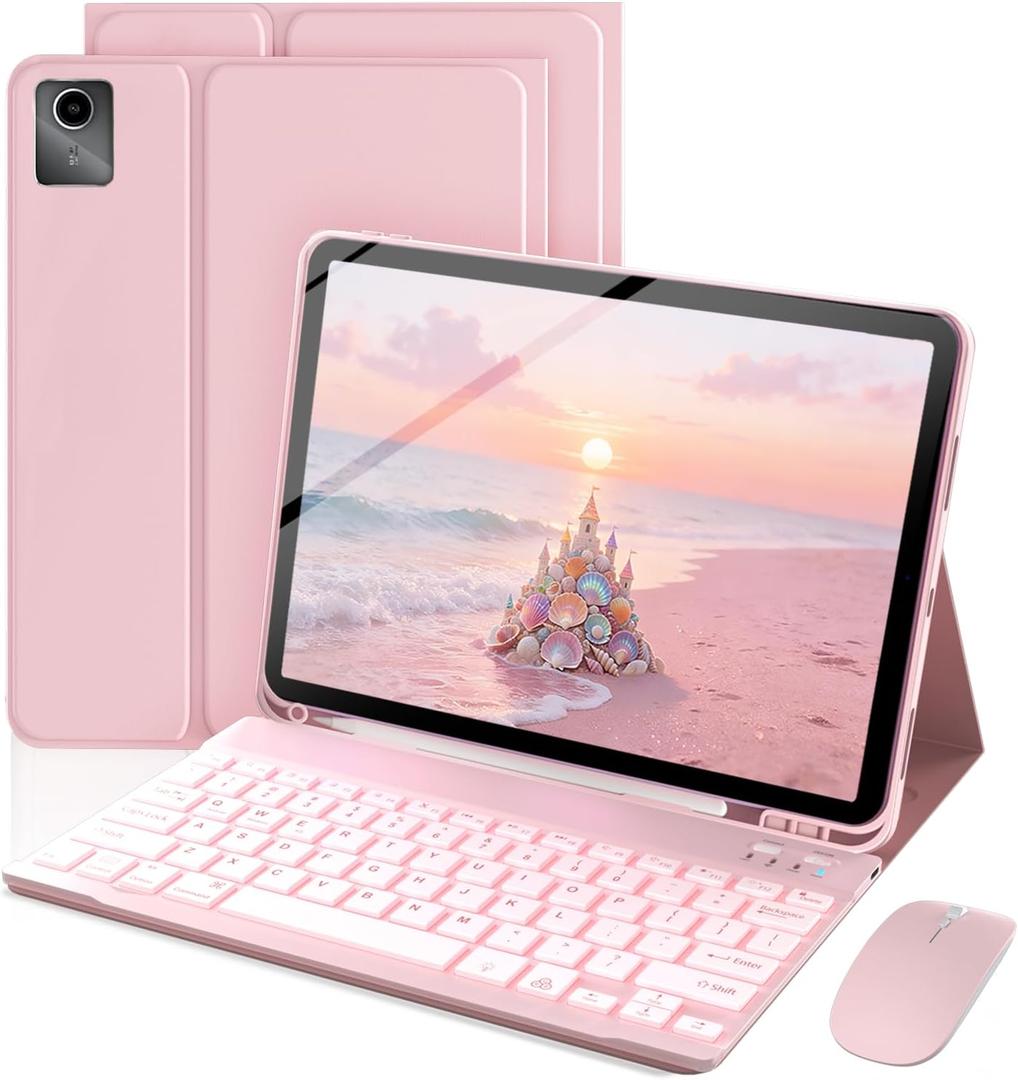 Keyboard Case for Lenovo Tab M11 / K11 LTE 11 Inch 2024, Mouse and 7 Colors Backlit Detachable Keyboard, Adjustable Stand Built in S Pen Holder, Auto-Sleep/Wake Feature, Pink