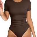 OQQ Women's Crew Neck Short Sleeve Bodysuit Ruched Stretch Vacation Basic for Tops Spring & Summer
, Small