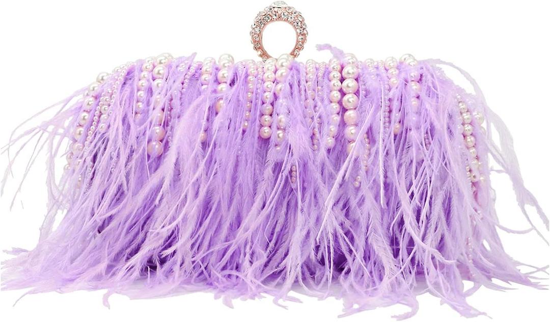 ZAKIA Women's Real Natural Ostrich Feather Tote Evening Dress Bag Shoulder Bag Party Money Bag Wallet Clutch (X-light Purple)