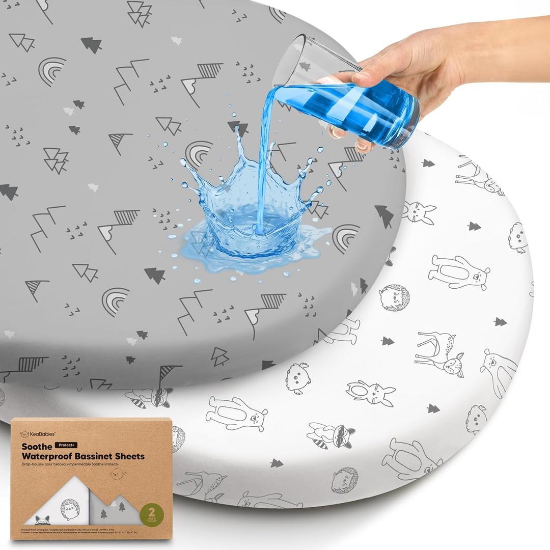 2pk Waterproof Bassinet Sheets Girls, Boys, Cotton  33x17 Universal Bassinet Mattress Pad Protector Cover, Compatible with Graco,Baby Delight,Chicco,Halo Bassinest Swivel Sleeper Fitted (Woodland)