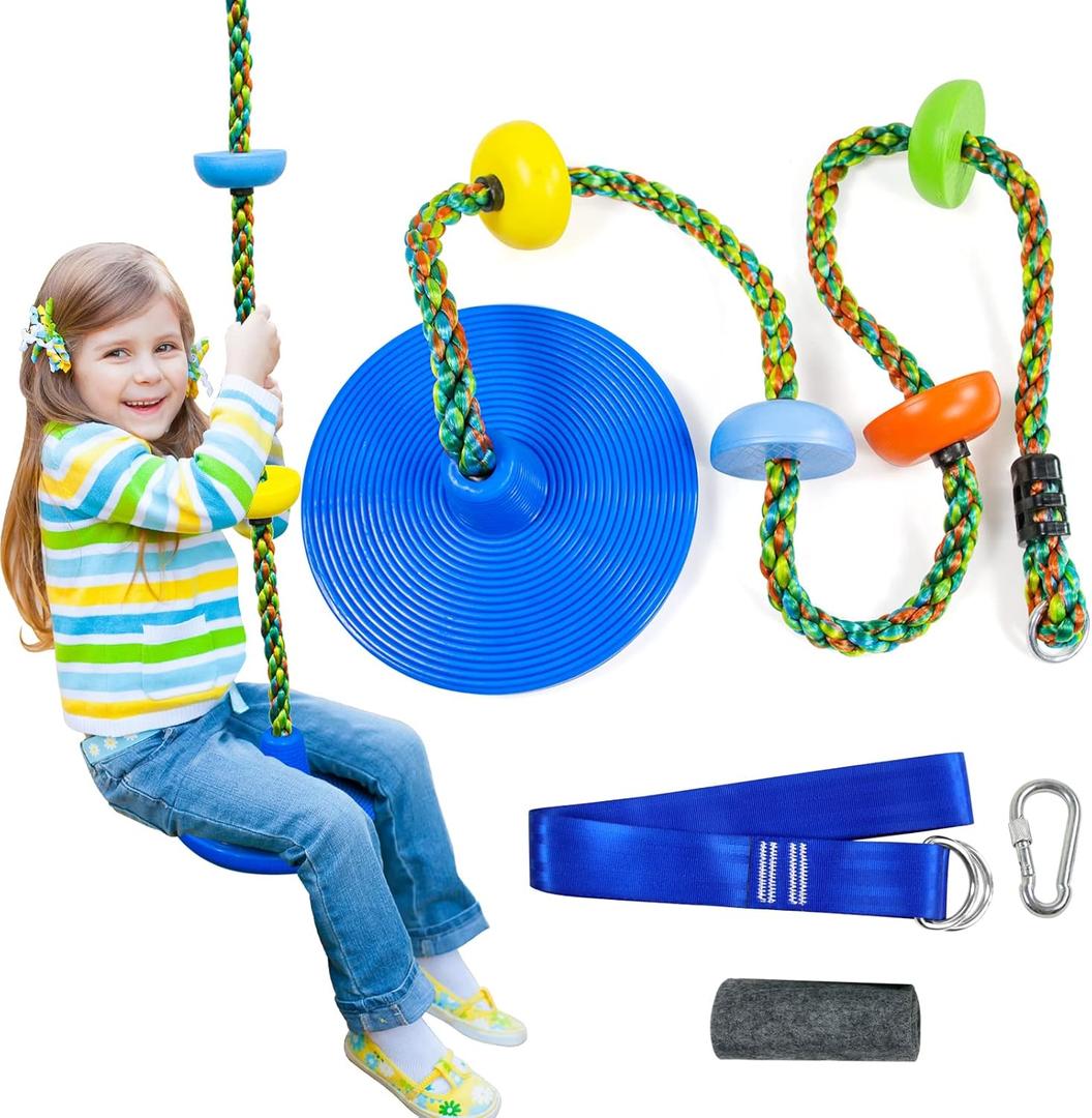 Columpio de rbol para nios, cuerda de escalada con plataformas, juego de asiento de columpio de disco, accesorios para patio de juegos al aire libre para nios, incluye mosquetn, correa de rbol de (Azul)