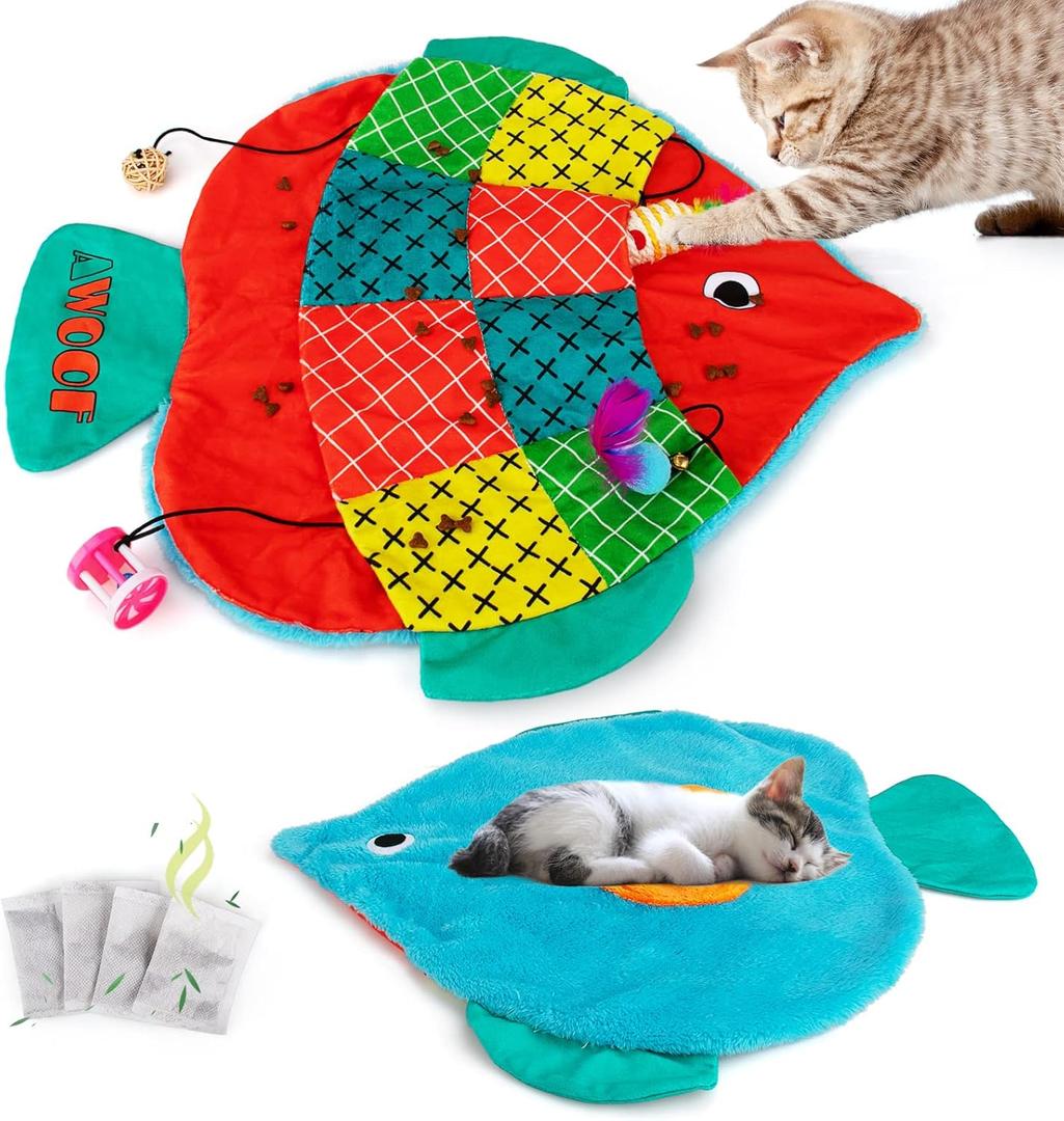 Cat Mat, Cute Soft Catnip Mat, Cat Activity Mat Machine Washable Catnip Toys Interactive Cat Toys for Indoor Cats (Fish Shape)