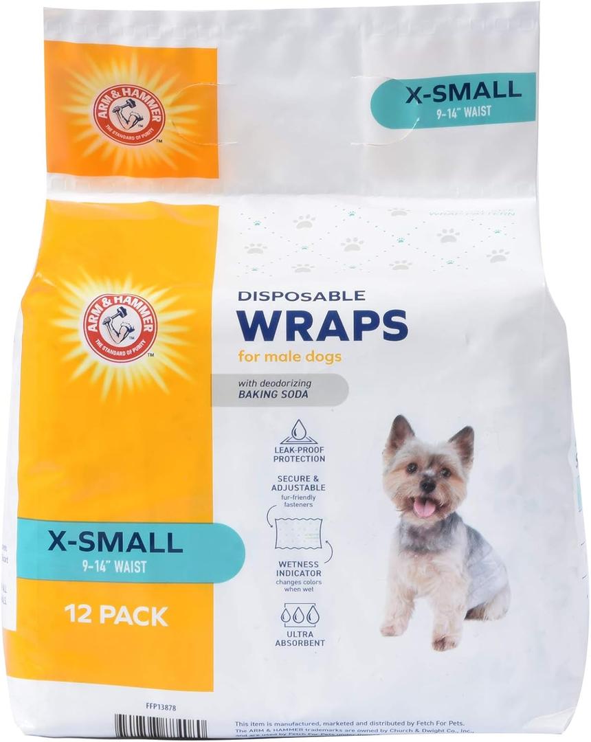 Arm & Hammer for Pets Male Dog Wraps, X-Small 12ct | Super Absorbent Dog Wraps for Male Dogs | Arm & Hammer Baking Soda Enhanced Doggie Diapers for Odor Control, Dog Diapers Male, Male Dog Diapers