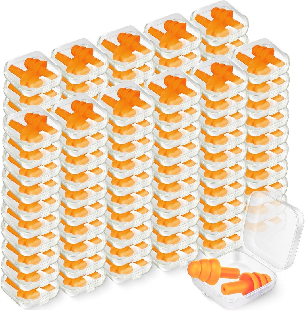TrelaCo 100 Pairs Ear Plugs Bulk, NRR 29dB Reusable Silicone Ear Plugs with Plastic Cases Soft Foam for Sleeping Noise Cancelling for Concerts Shooting Swimming Noise Reduction(Orange)
