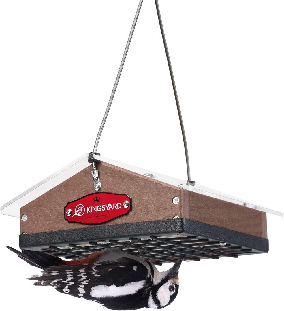 Kingsyard Upgraded Upside Down Suet Feeder for Outside Hanging - Recycled Plastic Wild Bird Feeder with Rainproof Roof for Attracting Woodpeckers Nuthatches Chickadees Finches. Brown