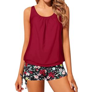Yonique Blouson Tankini Swimsuits for Women 2 Piece Bathing Suits Tops with Boyshorts Modest Loose Fit Swimwear (Large, Red Floral)