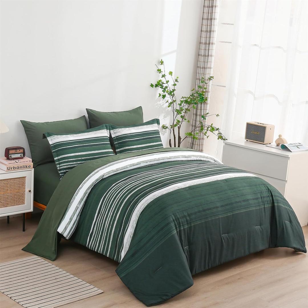 KAKIJUMN 5 Piece Bed in a Bag Stripe Comforter Set Twin Size, White Grey Green Patchwork Striped Comforter and Sheet Set, All Season Soft Microfiber Complete Bedding Sets(Dark Green,Twin)