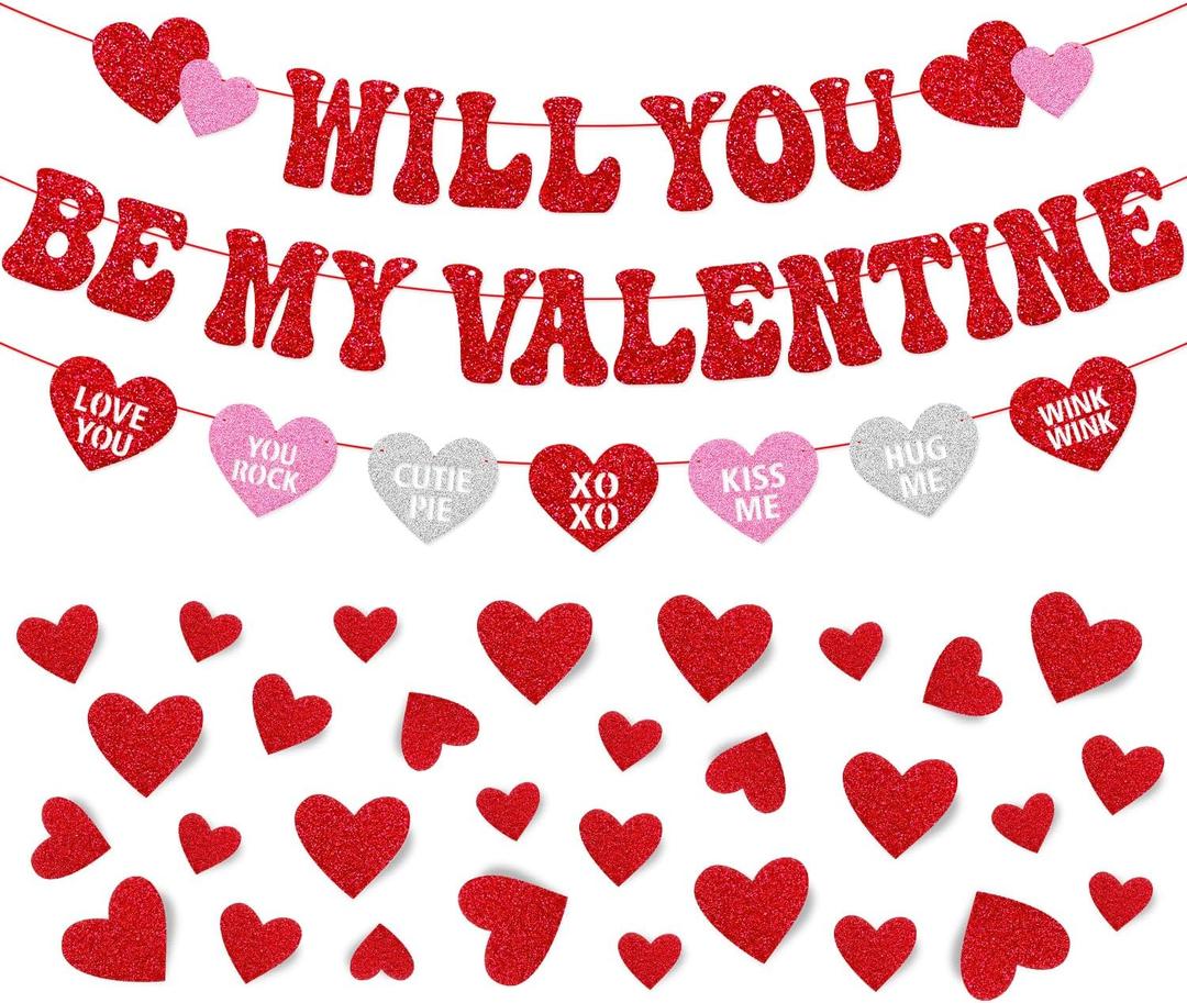 Will You Be My Valentine Banner Happy Valentines Day Party Decoration Be My Valentine Garland Glitter Red Heart Shaped Decorations Engagement Wedding Anniversary Party Supplies