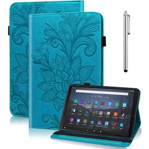 for Kindle Fire Max 11 Case - Embossed Lace PU Leather Flip Folio Tablet Case with Elastic Band & Card Slots/Holder, Multi-Angle Viewing Stand Cover, Blue