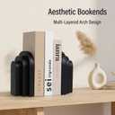 LIN CHUAN Heavy Duty Book Ends for Shelves, Decorative Bookends for Heavy Books Set of 2, 6.6 LBS Modern Book Stopper for Home Decor, Bookshelf, Aesthetic Bookend with Layered Arch Design, Black