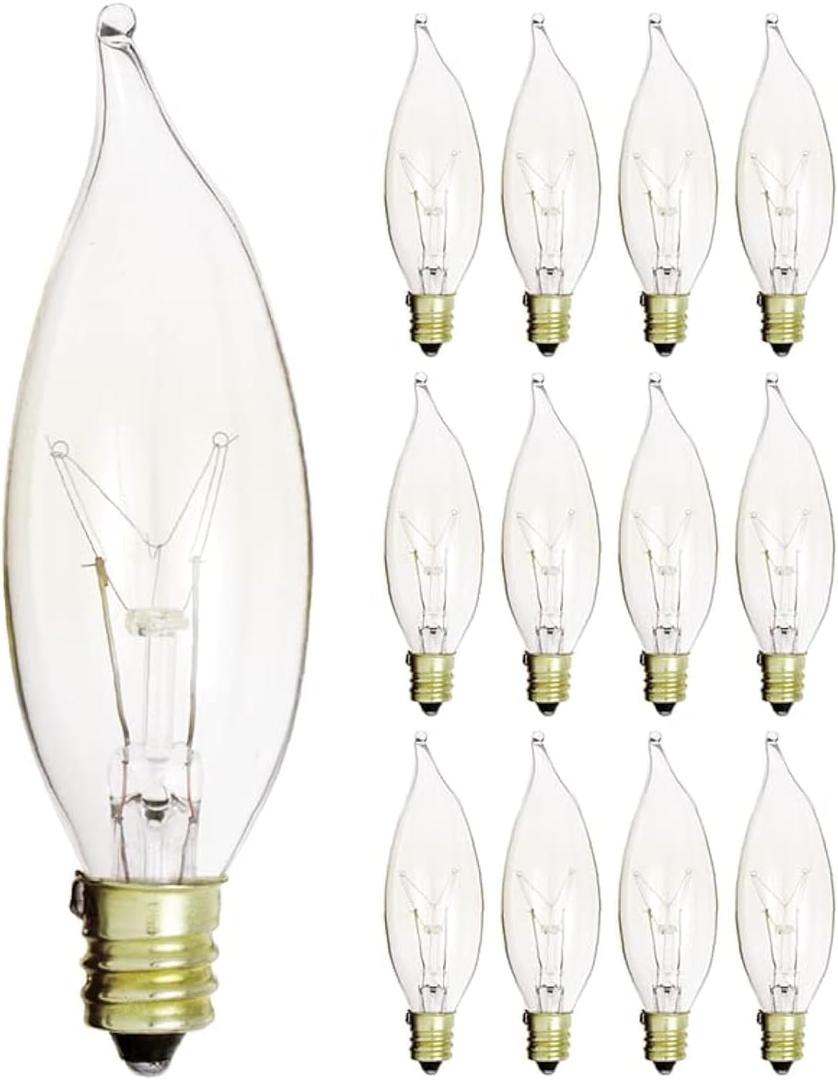 KOR (Pack of 12) 15 Watt Clear Candelabra Base (E12) Flame Tip 120V Decorative Dimmable Chandelier Lights Bulbs