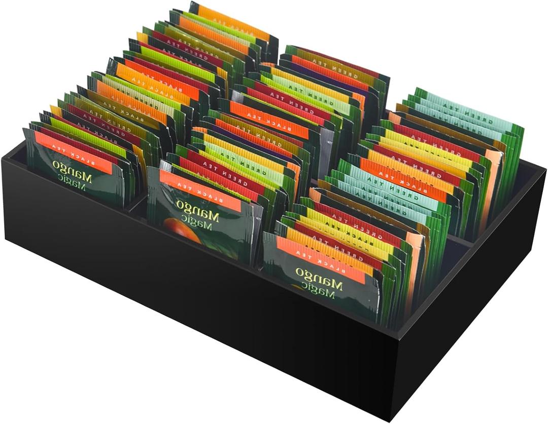 Tasybox Tea Bag Organizer, Black Acrylic Tea Bag Holder with 6 Slot, Tea Packet Storage for Drawer, Pantry, Kitchen, Cabinet, Countertop