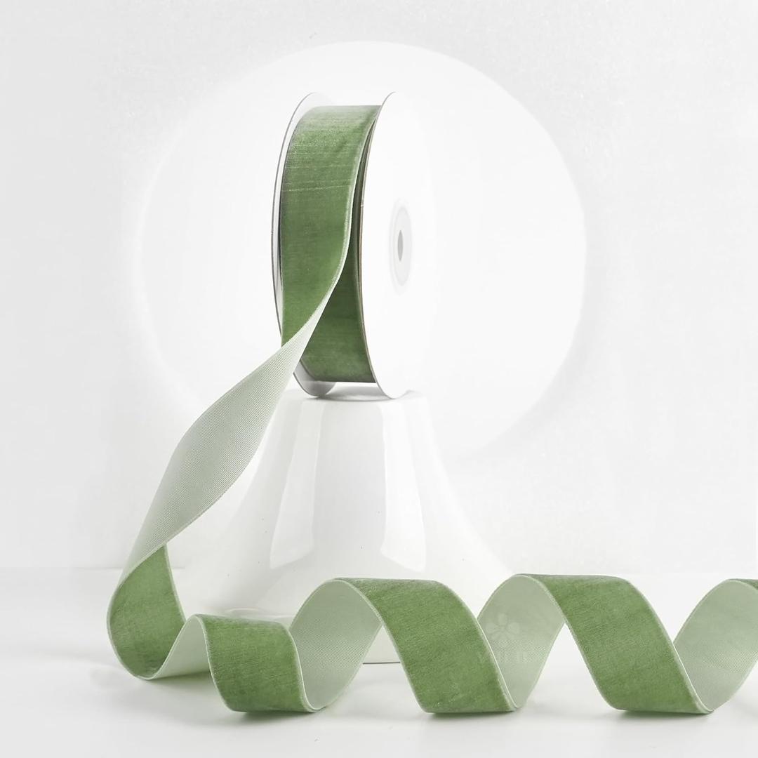 MEEDEE Sage Green Velvet Ribbon 1 Inch Single Face Nylon Velvet Ribbon 2 Rolls 20 Yards Light Green Ribbons for Christmas Tree, Gift Wrappig, Rustic Wreath, Velvet Bow Making, Home Decor