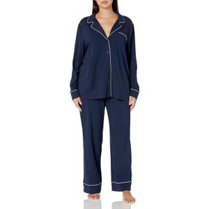 Amazon Essentials Women's Cotton Modal Long-Sleeve Notch Collar Shirt and Full-Length Elastic Waist Pajama Pant Set, Navy, 3X