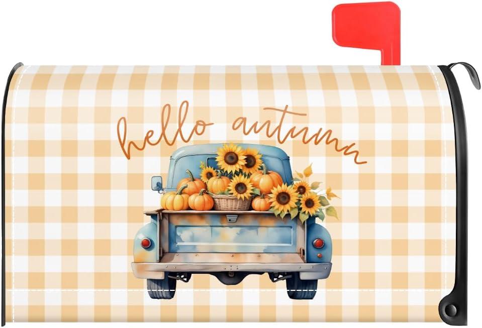 TOUNER Hello Autumn Pumpkin Truck Mailbox Covers, Autumn Thanksgiving Magnetic Letter Box Wrap, Fall Harvest Post Letter Box Decor for Outdoor Garden Front Yard Porch, Mailbox Decor Gifts for Friends