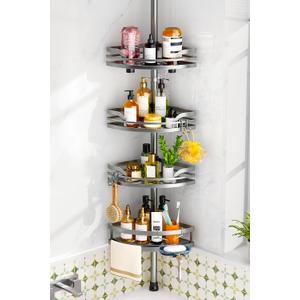 HAMITOR Shower Caddy Tension Pole 4-Tier Rustproof Bathroom Corner Shelf for Renters - 47-121inches Adjustable Bathtub Organizer with Soap Holder-large capacity rack for Shampoo Storage Home Accessory (Silver)