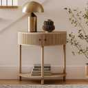 Stead Fluted Half Moon Shaped Console Table, Small Entry Desk, Living Room Furniture, Modern Home Decor, Solid Wood Entryway Table with Two Doors and Black Knobs (Natural Oak)