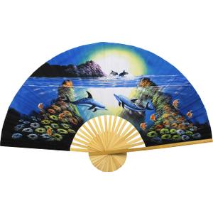 Nautical Decor Folding Wall Fan Hand-Painted Beach Theme Artwork (60 inch wide, Striking Dolphins)