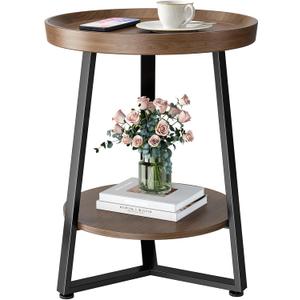 Round End Table, 2-Tier Tray Top Side Tables with Storage Shelf, Ultra Stable Coffee end Table/Nightstand, Modern Farmhouse Couch Table for Living Room, Bedroom, Bedside Stand or Small Spaces, Walnut